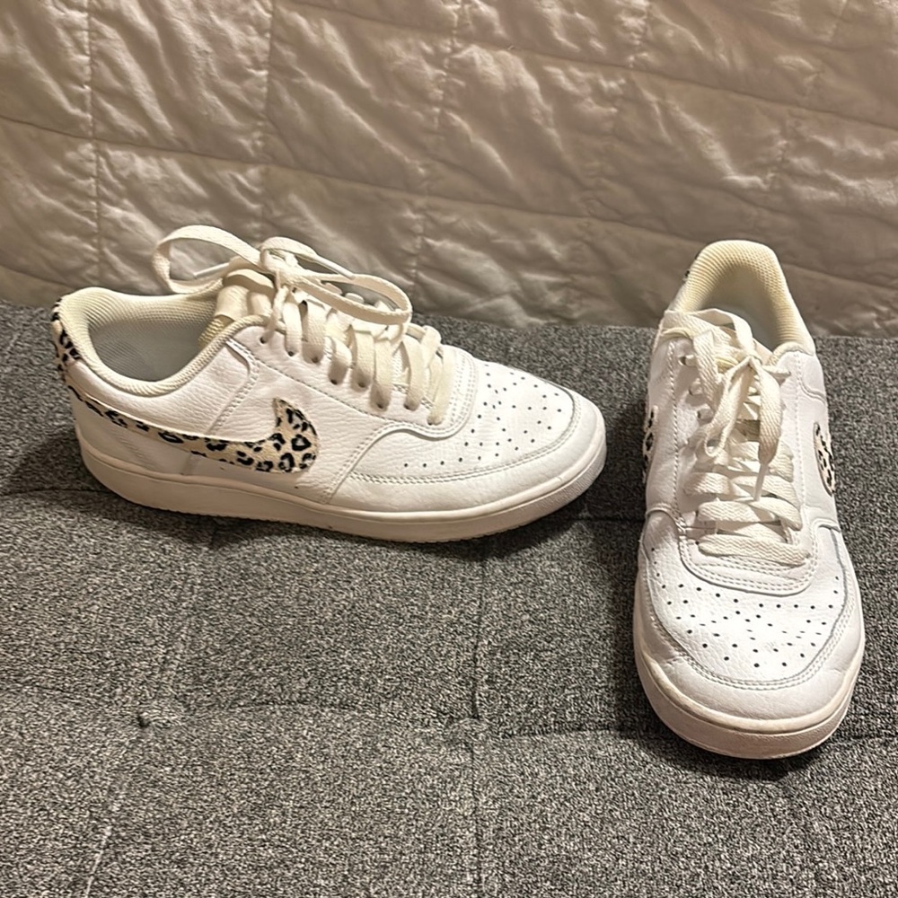Nike White Sneakers with Leopard Print Swoosh